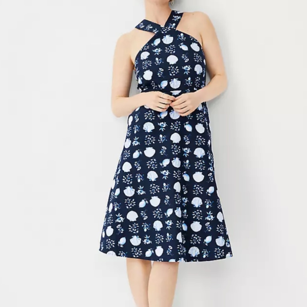 Ann Taylor Shell Tile Cotton Linen Halter Dress 0 Summer Coastal Vacation NWT